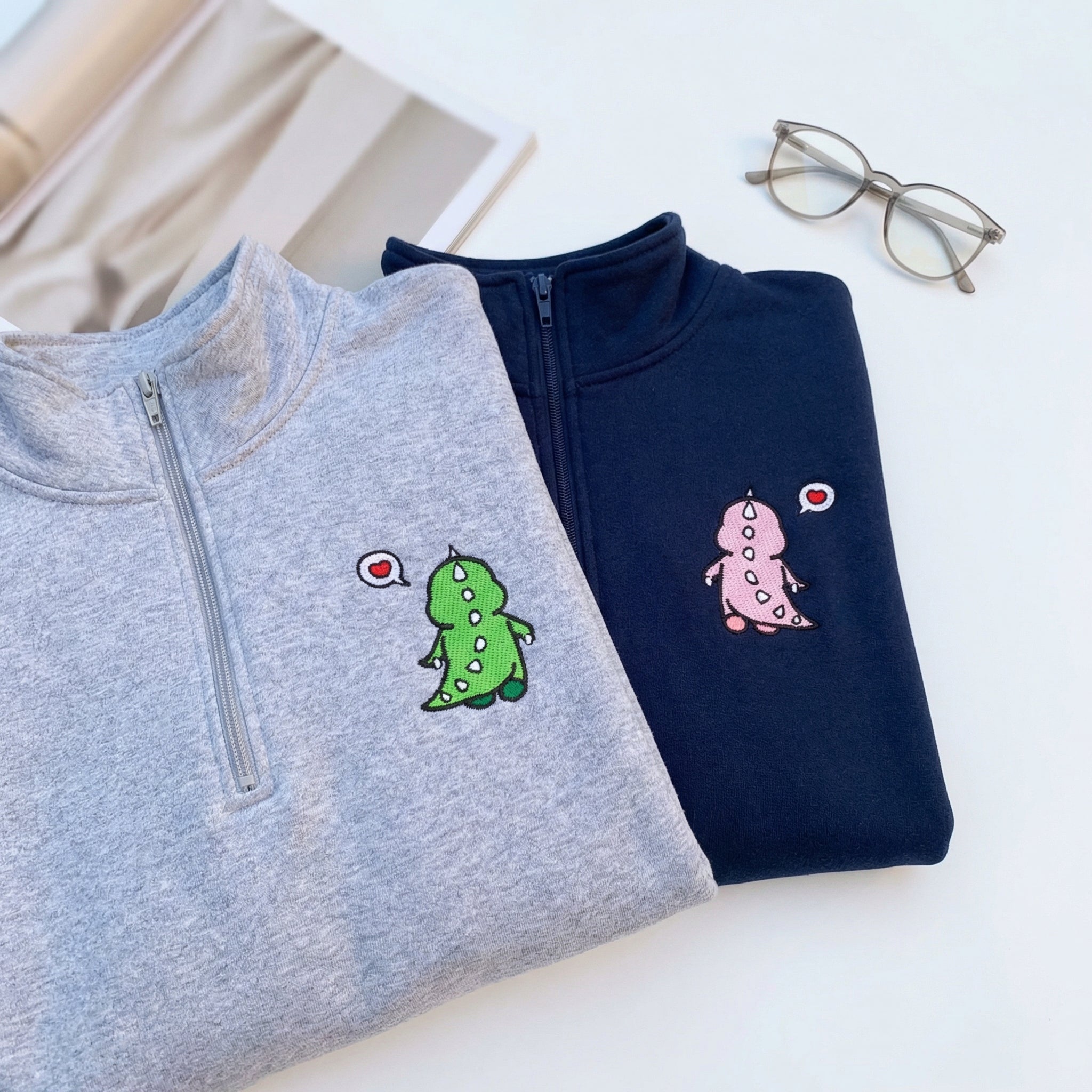 Custom Embroidered Quarter Zip Sweatshirts for Couples - Funny Cartoon Dinosaur Anniversary Date Matching Full-Zip Hoodie