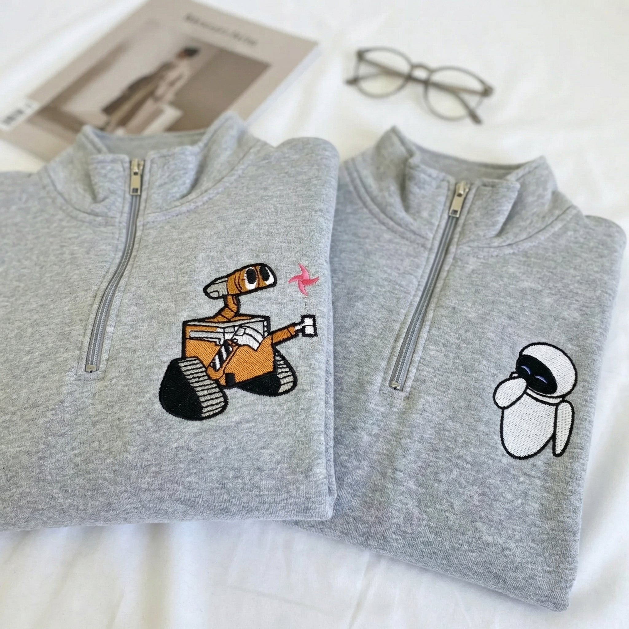 Custom Embroidered Quarter Zip Sweatshirts for Couples - Robot Love Matching Full-Zip Hoodie