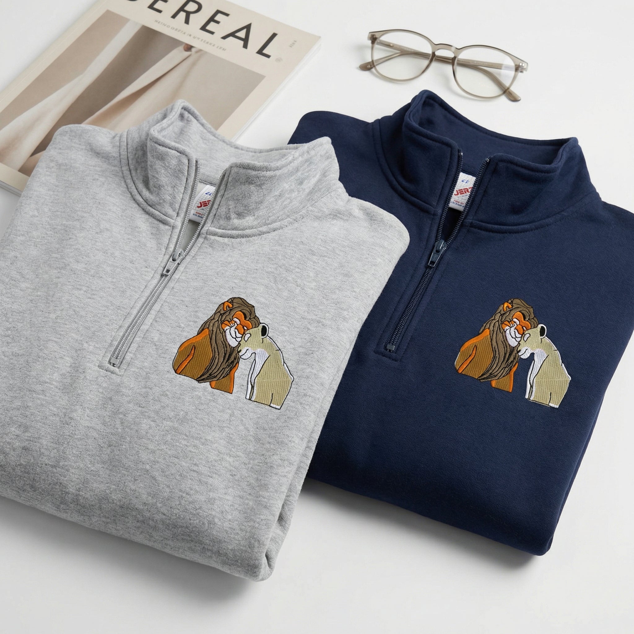 Custom Embroidered Quarter Zip Sweatshirts for Couples - Romantic Lion Couple Matching Full-Zip Hoodie