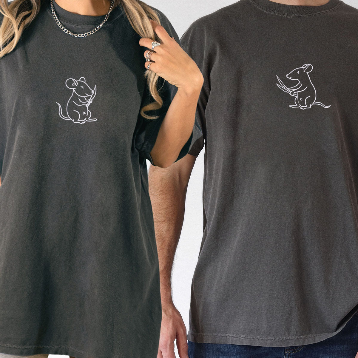Custom Embroidered Rats with Knives Matching T-shirts for Couples