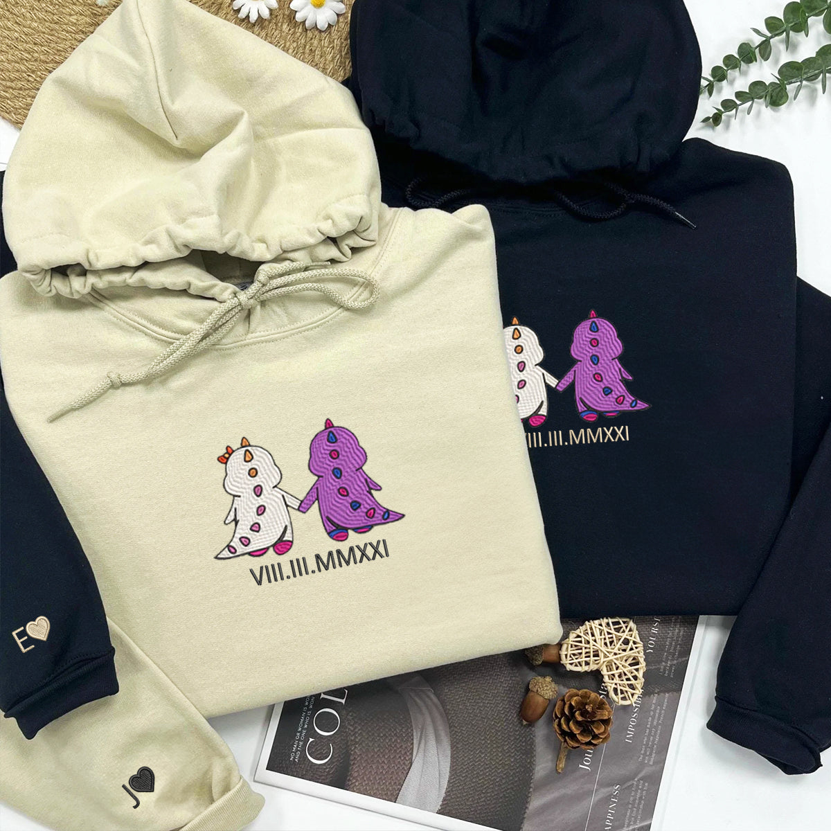 Custom Embroidered Roman Numeral Date Hoodies For Couples, Bi Lesbian Dino Couples Embroidered Hoodie