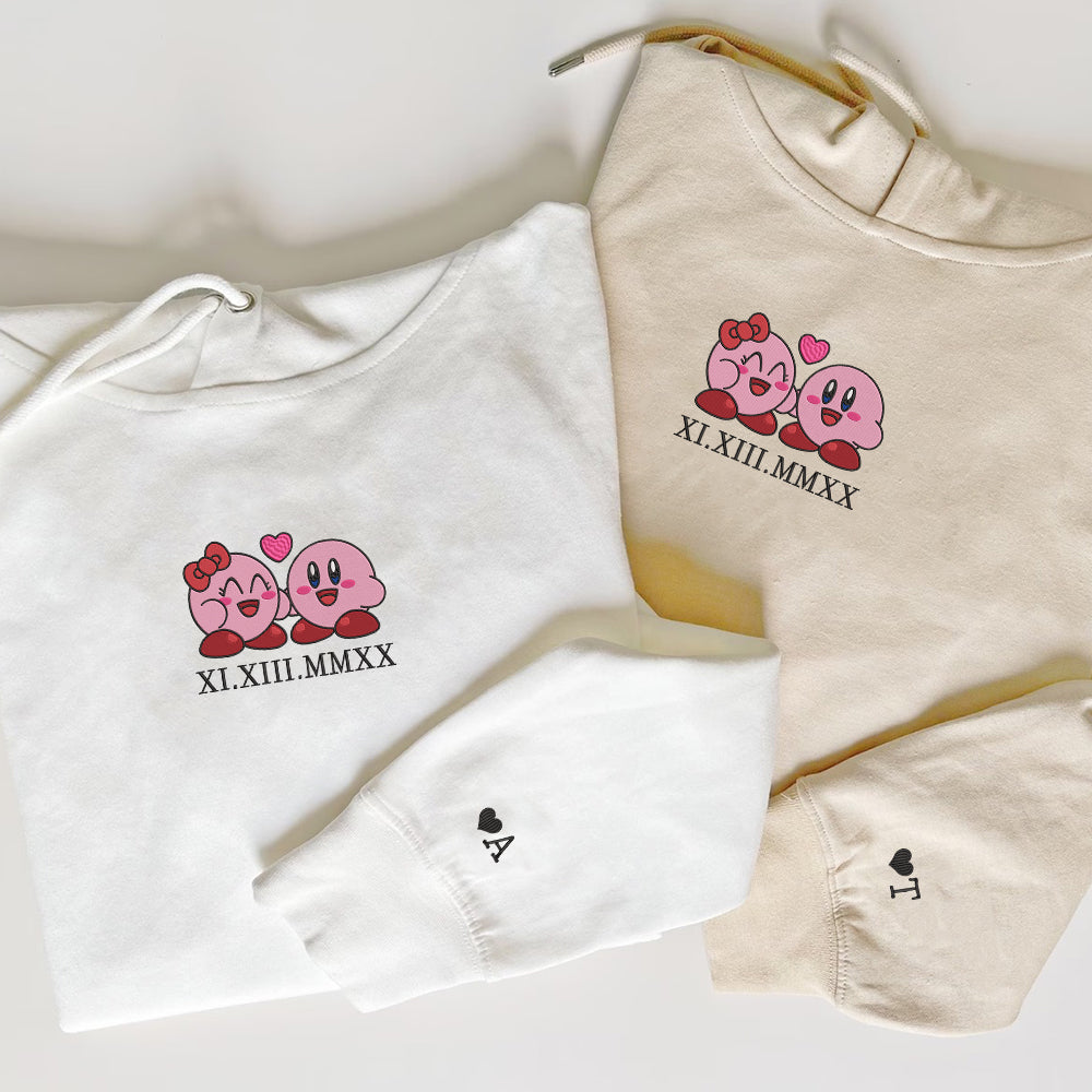 Custom Embroidered Roman Numeral Date Hoodies For Couples, Cute Pink Cartoon Characters Hoodie