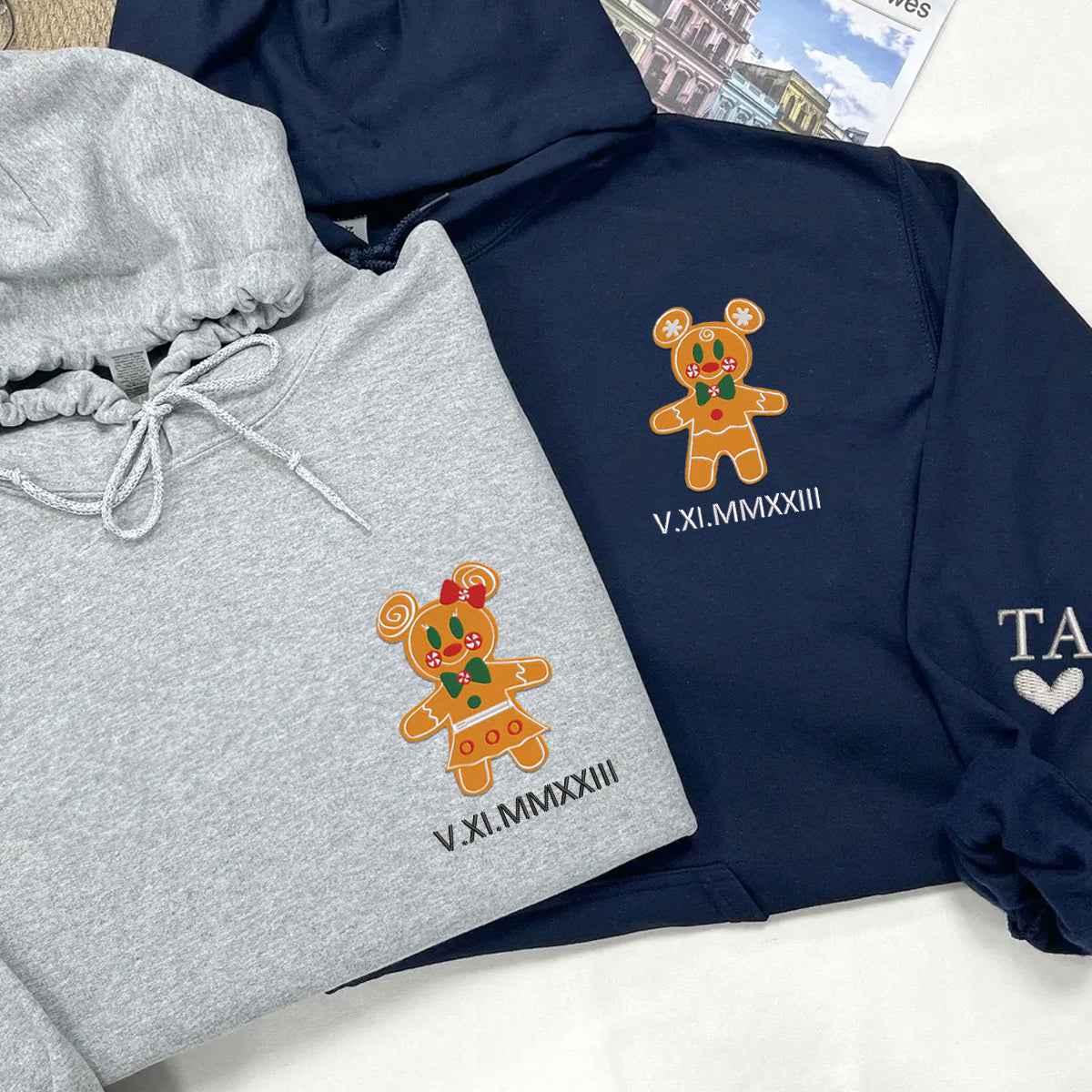 Custom Embroidered Roman Numeral Date Hoodies For Couples, Gingerbread Christmas Mouse Couples Embroidered Hoodie