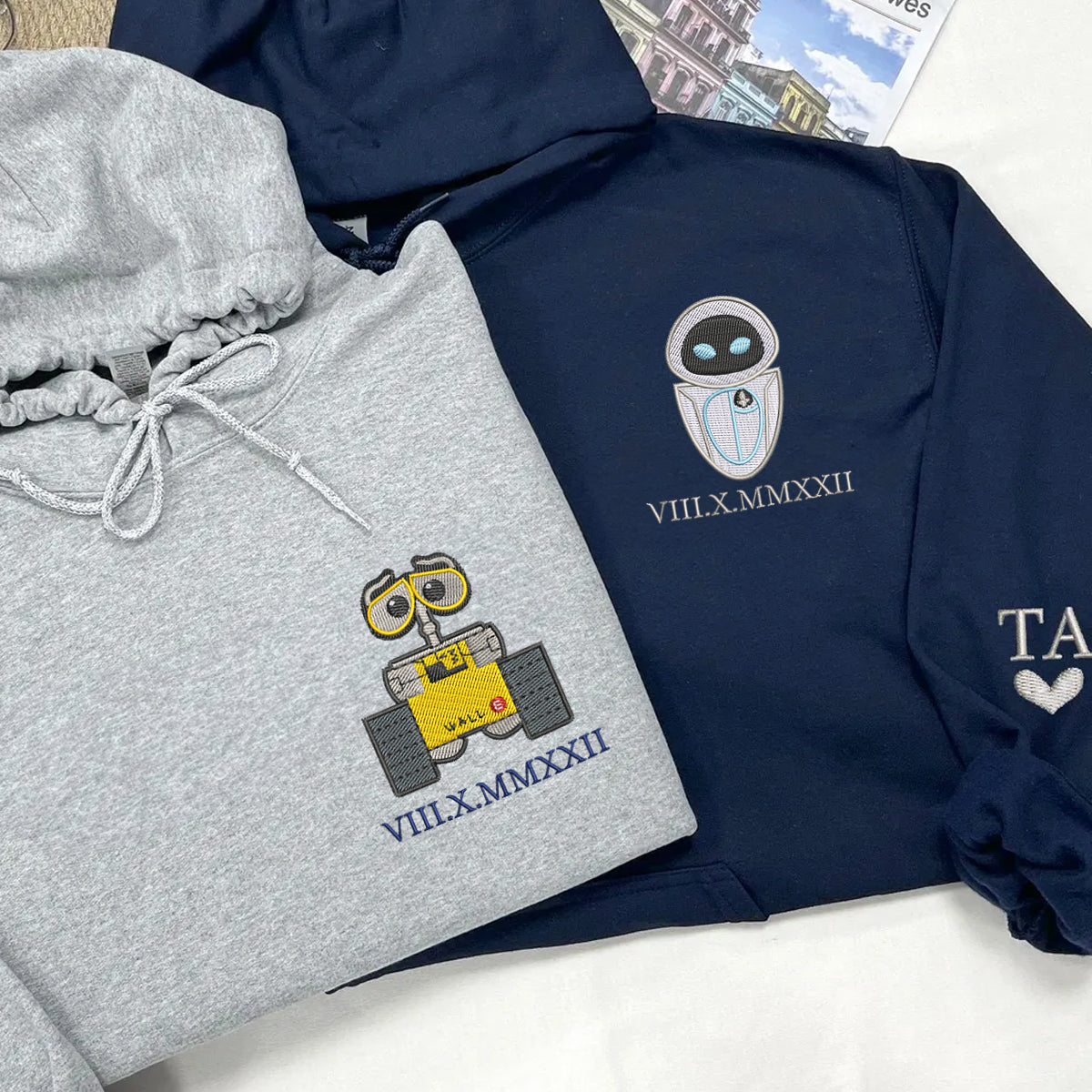 Custom Embroidered Roman Numeral Date Hoodies for Couples, Cute Robot Love Matching Hoodie