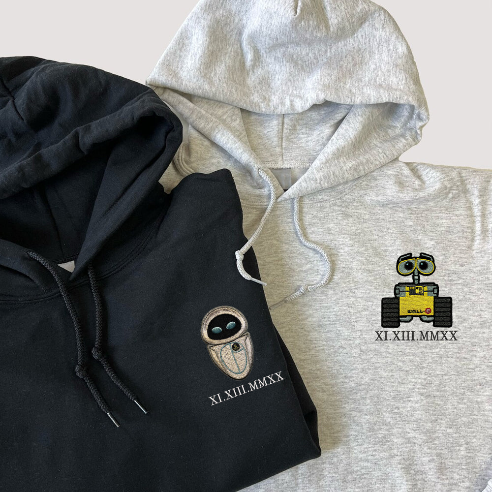 Custom Embroidered Roman Numeral Date Hoodies for Couples, Cute Robot Love Matching Hoodie