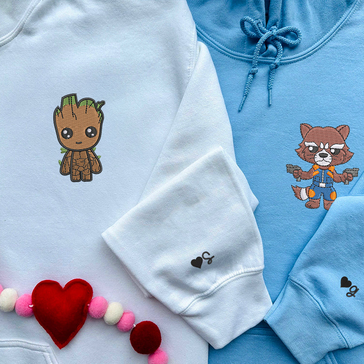 Custom Embroidered Roman Numeral Hoodies For Couples, Roman Numeral Date Hoodie, Cute Rocket Cartoon Couples Embroidered Hoodie