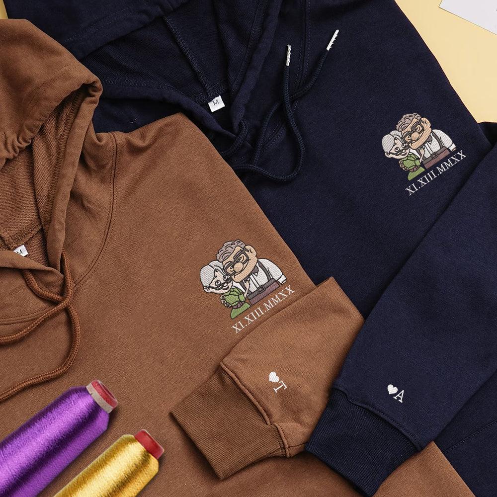 Custom Embroidered Roman Numeral Hoodies for Couples, Adorable Elderly Love Embroidered Hoodie, Matching Anniversary Outfit