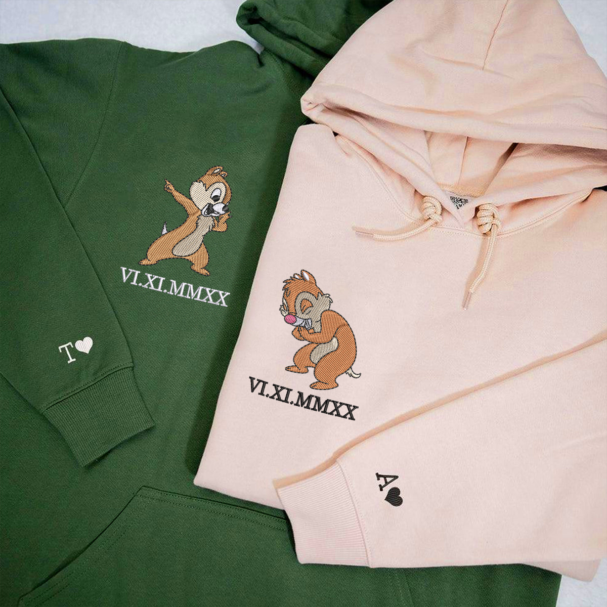 Custom Embroidered Roman Numeral Hoodies for Couples, Cute Cartoon Chipmunks Hoodie, Funny Matching Outfit