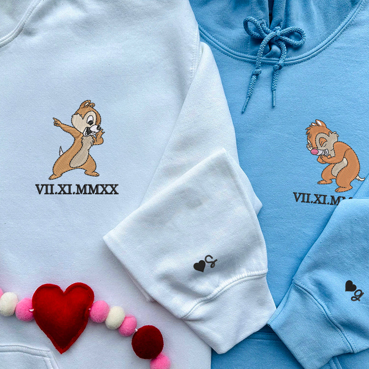 Custom Embroidered Roman Numeral Hoodies for Couples, Cute Cartoon Chipmunks Hoodie, Funny Matching Outfit