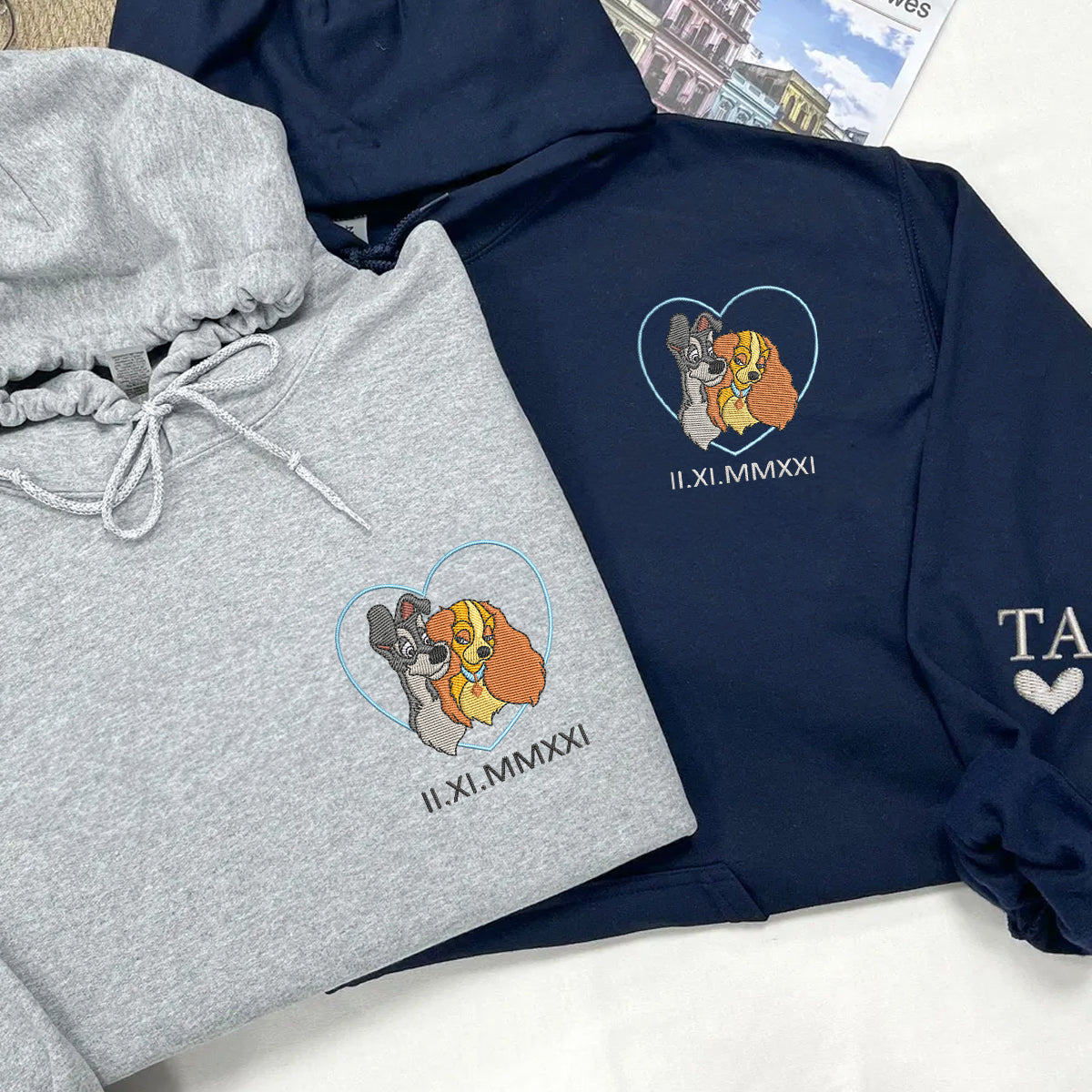 Custom Embroidered Roman Numeral Hoodies for Couples, Romantic Dog Lovers Matching Hoodie