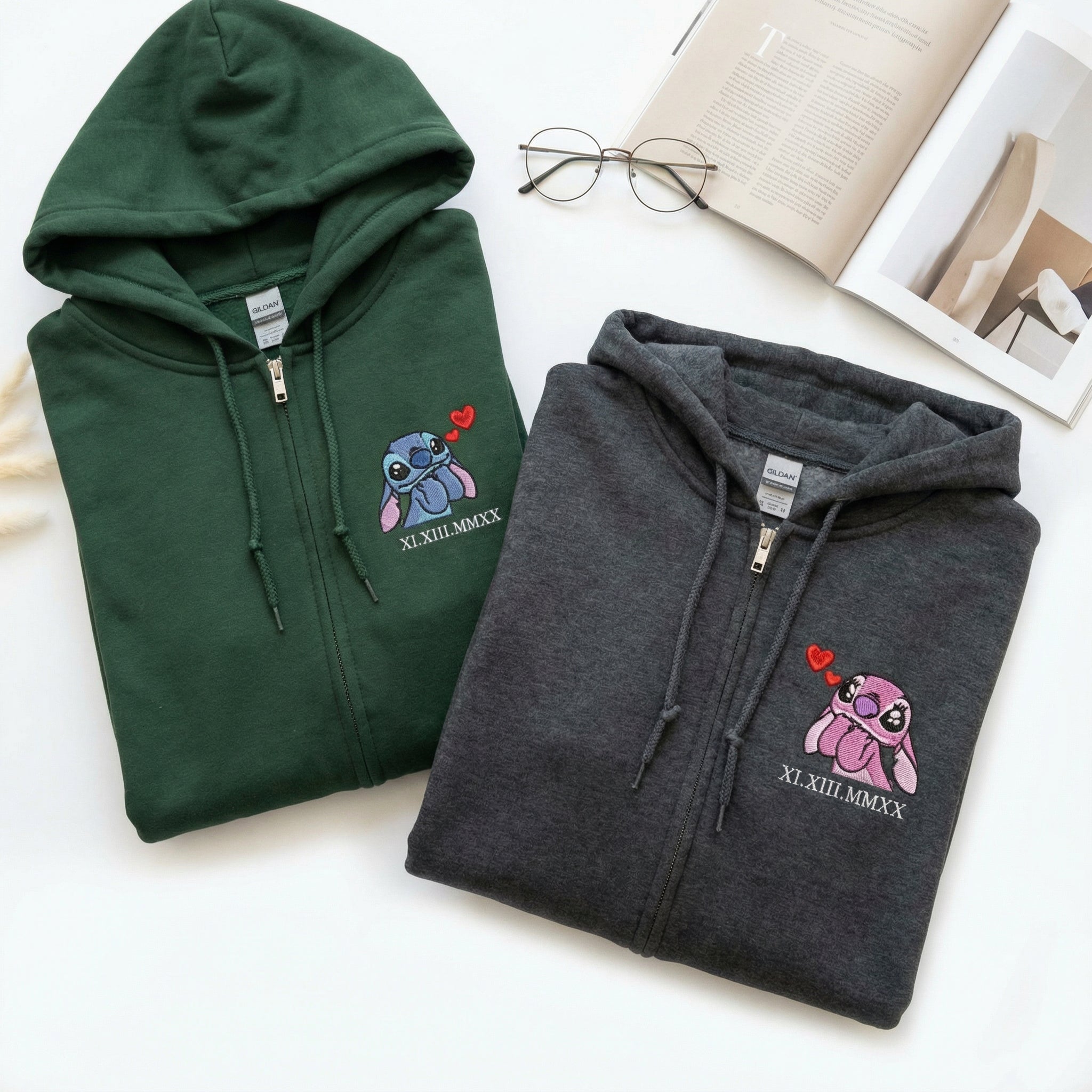 Custom Embroidered Roman Numeral Quarter Zip Sweatshirts for Couples - Cute Alien Duo Matching Date Hoodie