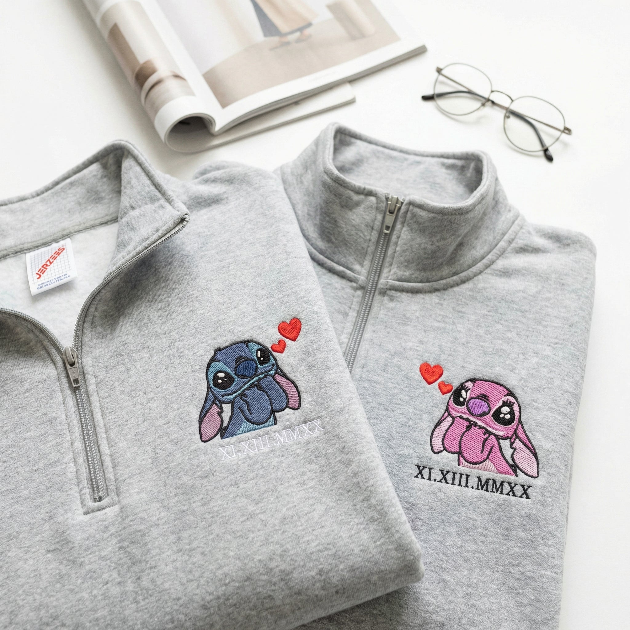 Custom Embroidered Roman Numeral Quarter Zip Sweatshirts for Couples - Cute Alien Duo Matching Date Hoodie