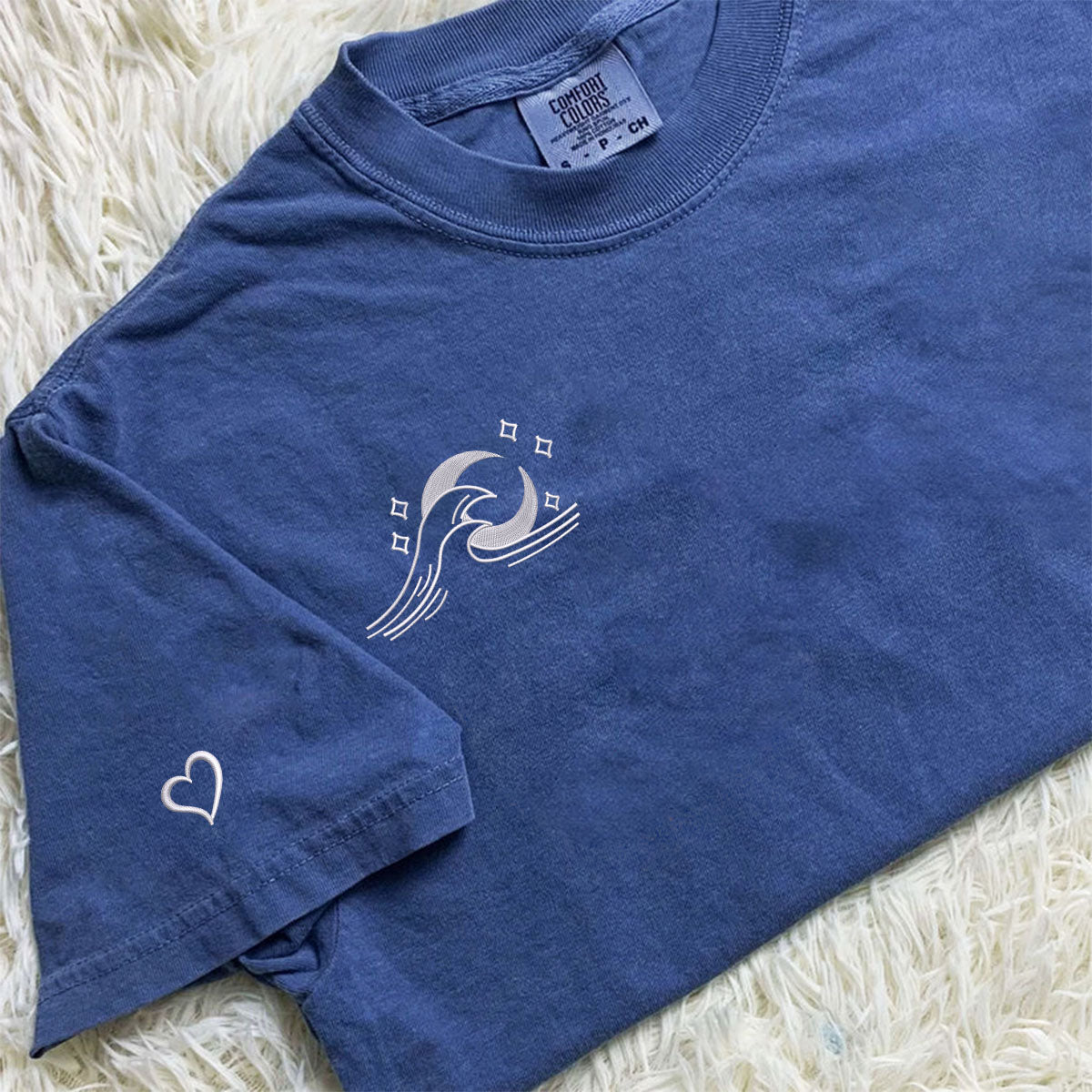 Custom Embroidered Sea Wave Sun And Moon Matching T-shirts for Couples