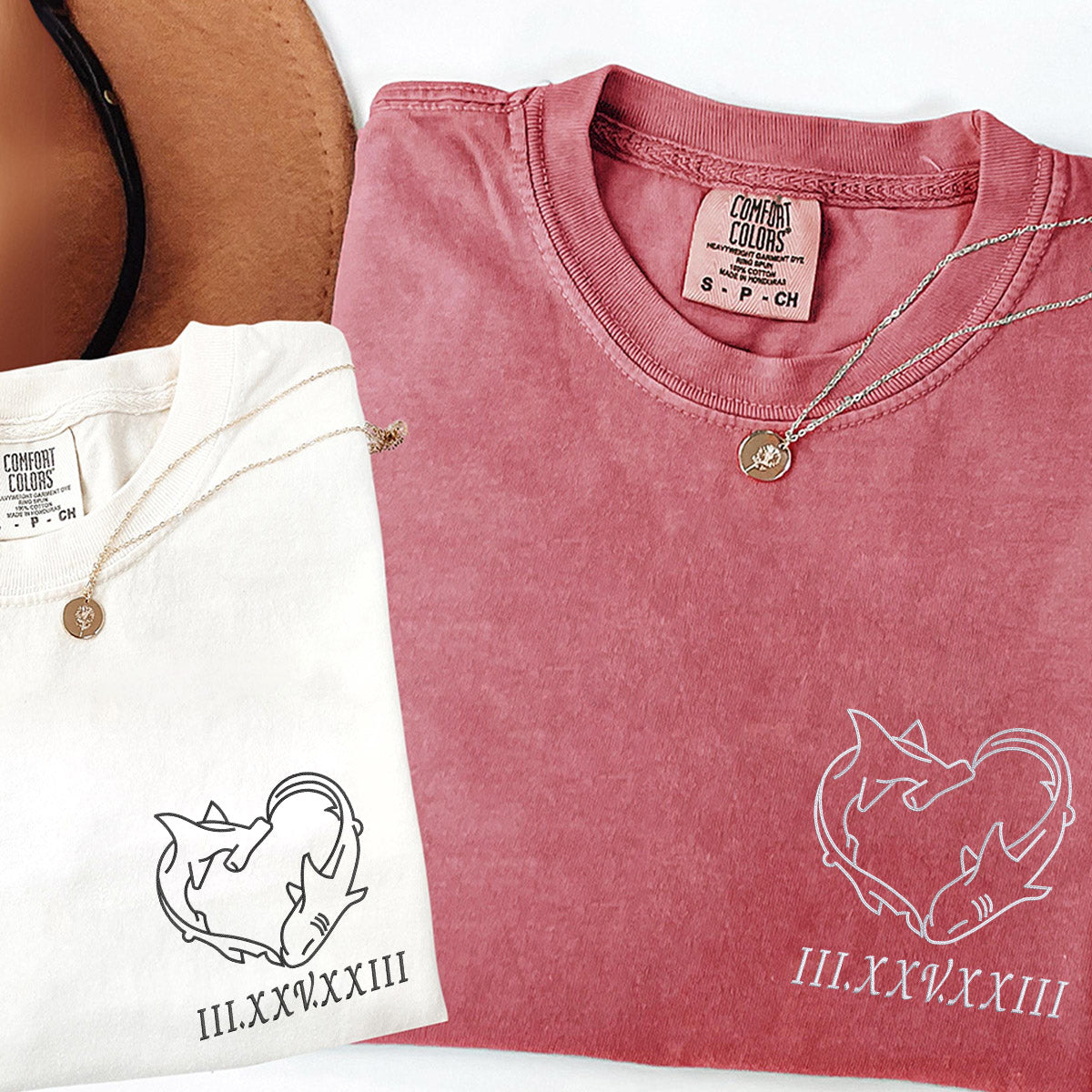 Custom Embroidered Shark Love Roman Numeral Matching T-shirts for Couples