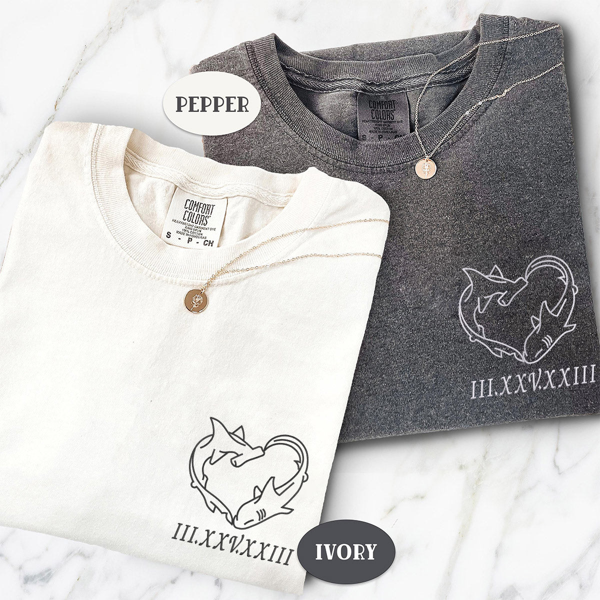 Custom Embroidered Shark Love Roman Numeral Matching T-shirts for Couples
