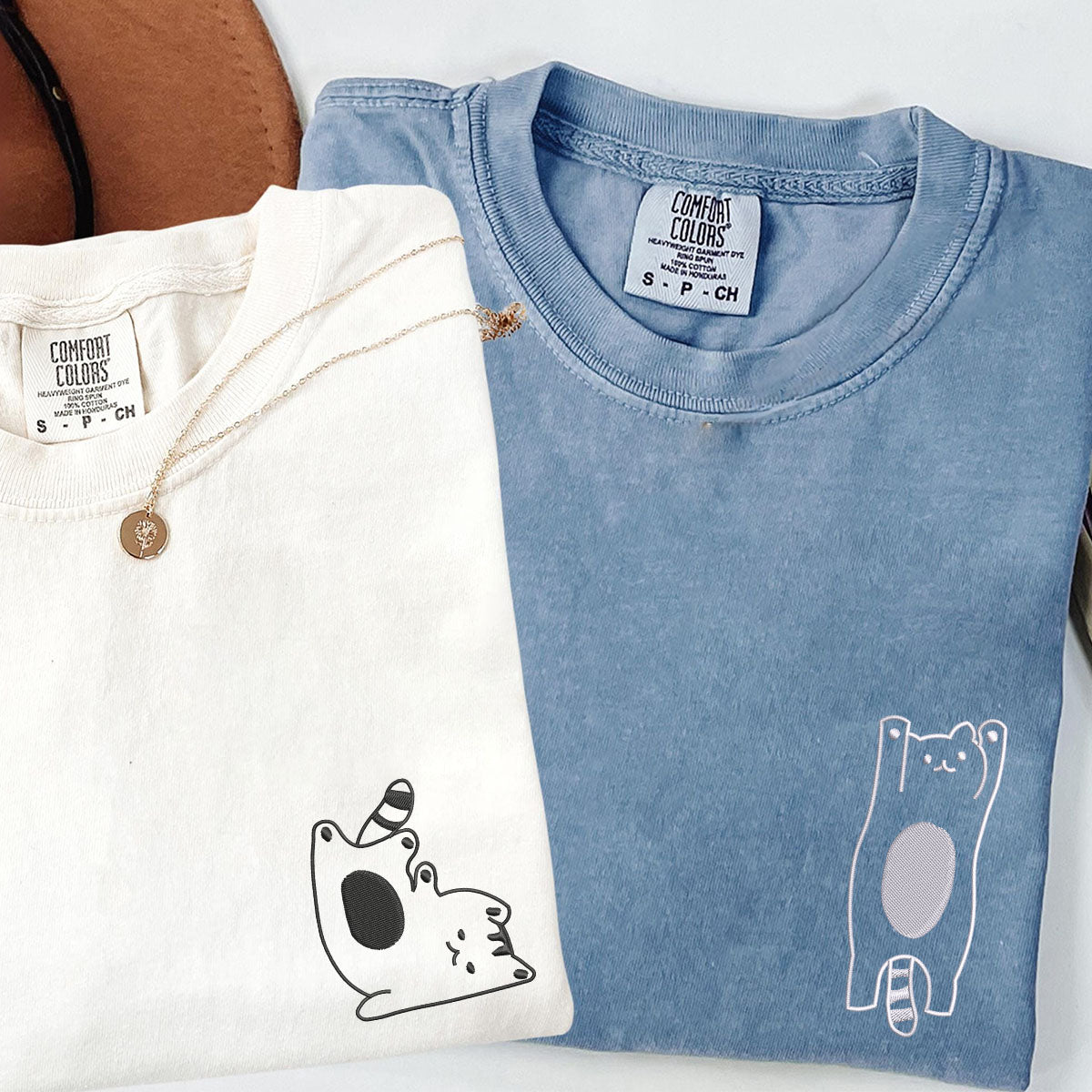 Custom Embroidered Silly Cat Matching T-shirts for Couples