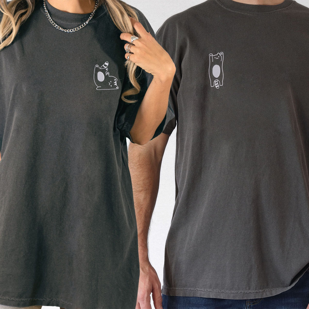 Custom Embroidered Silly Cat Matching T-shirts for Couples