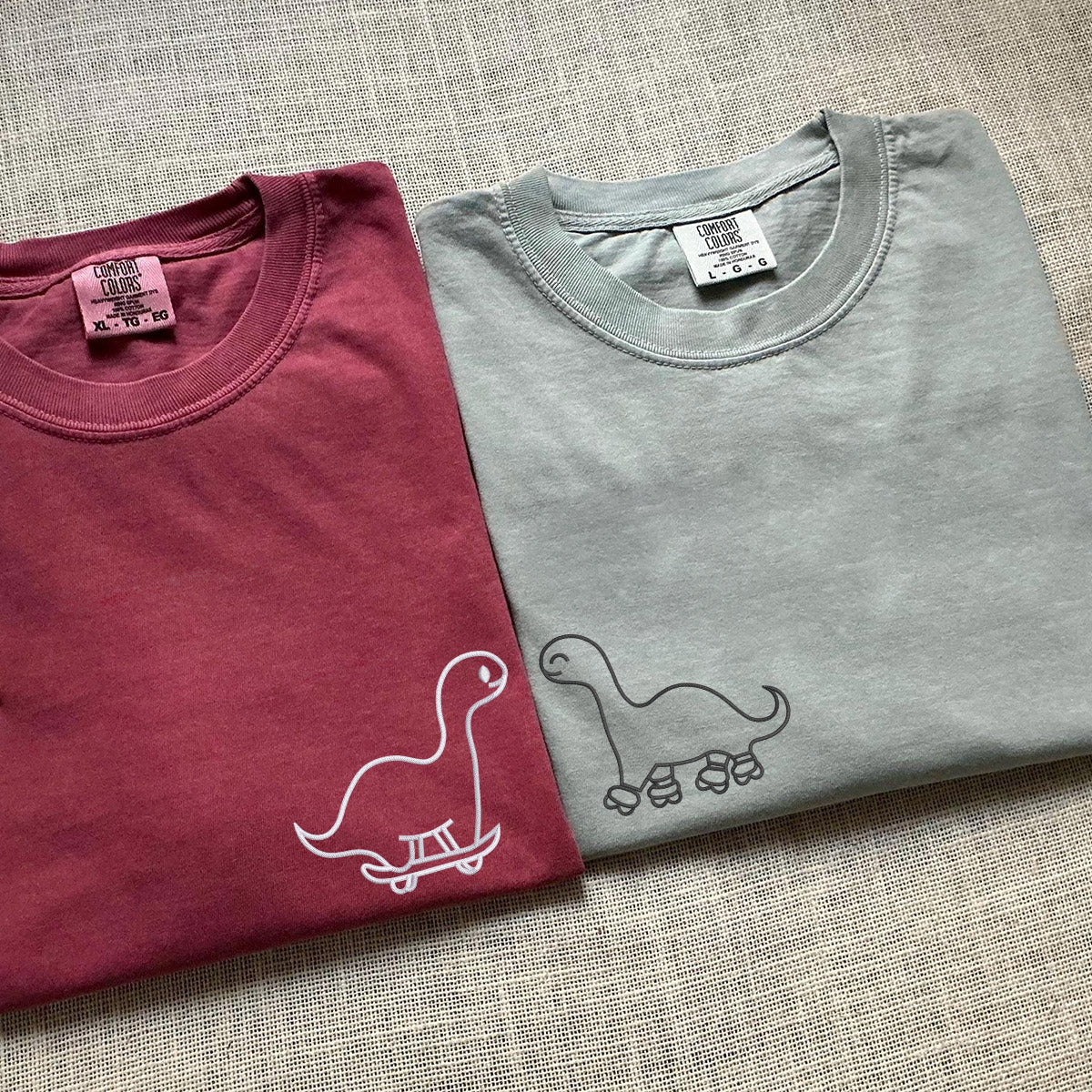 Custom Embroidered Skater Dino Matching T-shirts for Couples