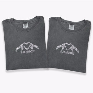 Custom Embroidered Skeleton Heart Roman Numeral Matching T-shirts for Couples