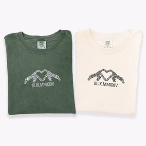 Custom Embroidered Skeleton Heart Roman Numeral Matching T-shirts for Couples