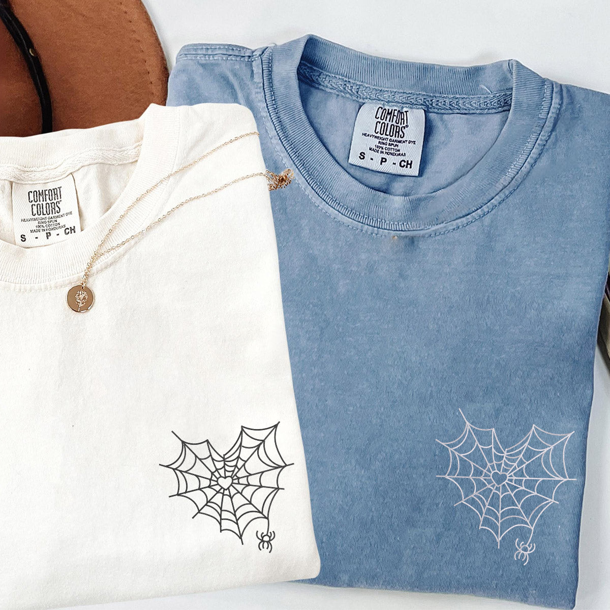 Custom Embroidered Spider Web Heart Matching T-shirts for Couples