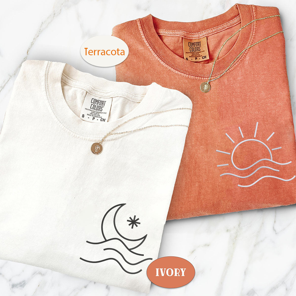 Custom Embroidered Sun and Moon Wave Matching T-shirts for Couples