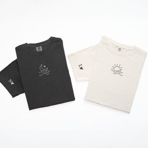 Custom Embroidered Sun and Moon Wave Matching T-shirts for Couples