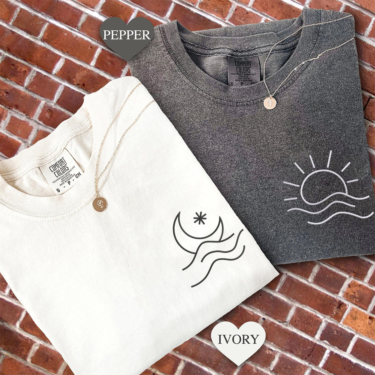 Custom Embroidered Sun and Moon Wave Matching T-shirts for Couples