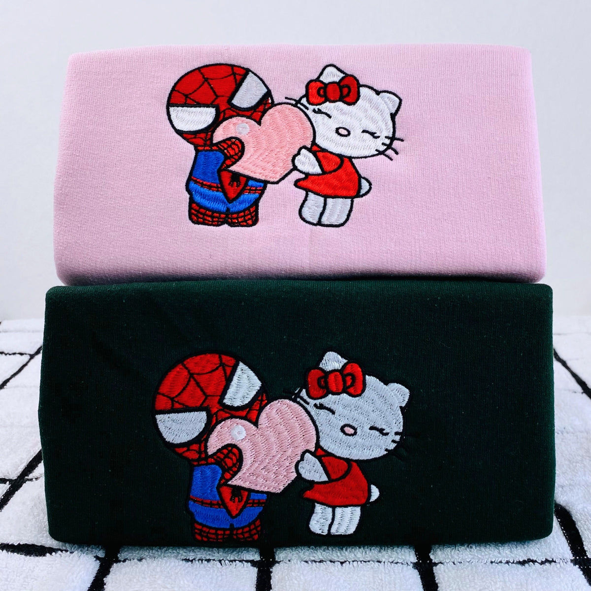 Custom Embroidered Hoodies For Couples, Custom Matching Couple Hoodies, Lovely Kitten Kiss Spider Chibi Embroidered Matching Couples Hoodie