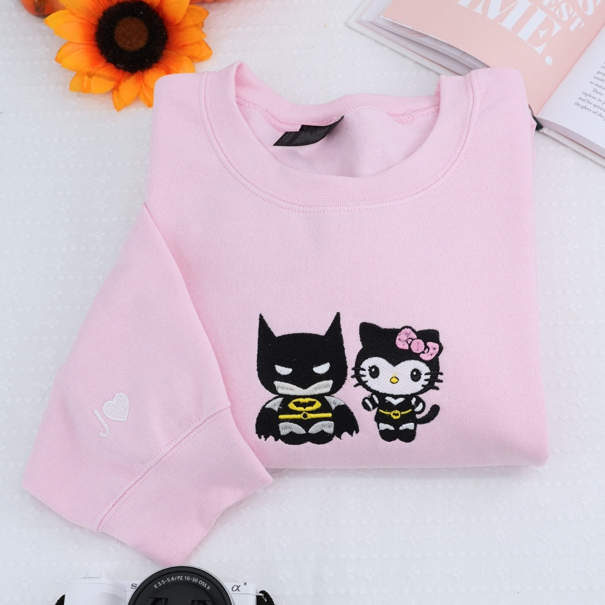 Custom Embroidered Hoodies For Couples, Custom Matching Couple Hoodies, Lovely Kitten Kiss Spider Chibi Embroidered Matching Couples Hoodie