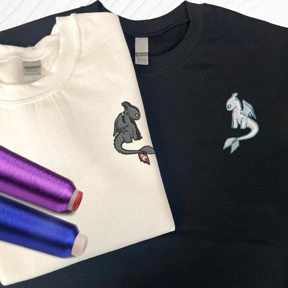 Custom Embroidered Sweatshirts For Couples, Custom Matching Couple Sweatshirt, Cartoon Dragon Duo Couples Embroidered Sweater