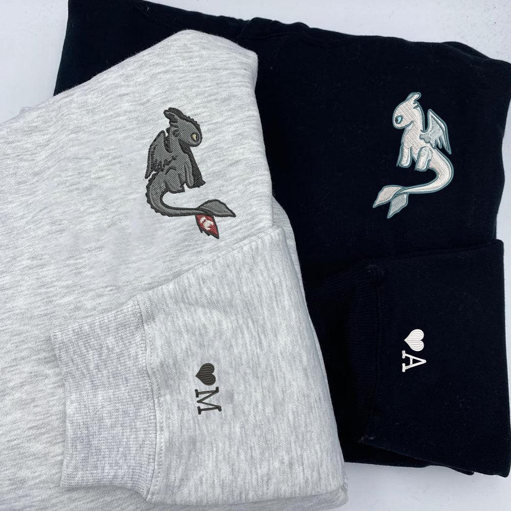 Custom Embroidered Sweatshirts For Couples, Custom Matching Couple Sweatshirt, Cartoon Dragon Duo Couples Embroidered Sweater