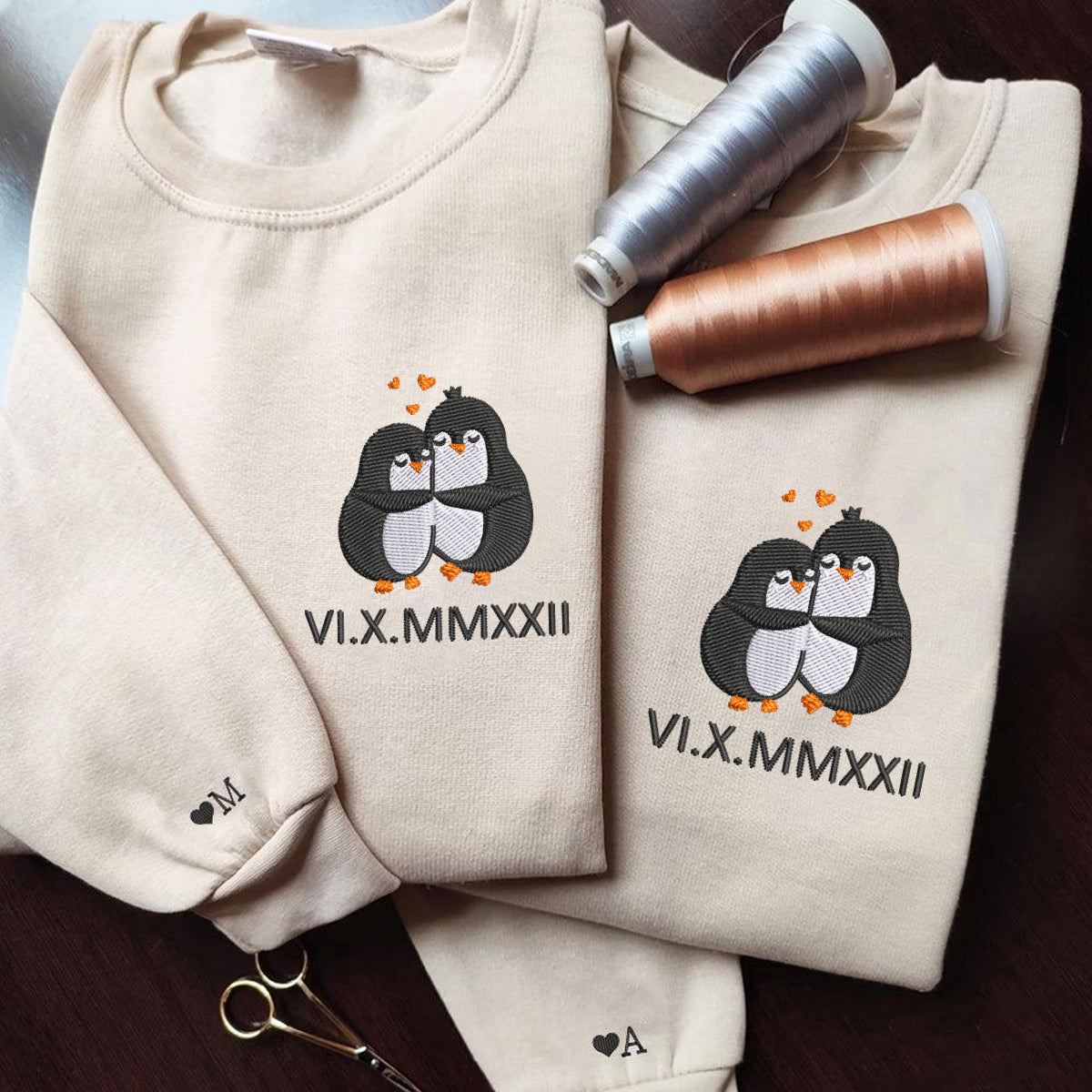 Custom Embroidered Sweatshirts For Couples, Custom Matching Couple Sweatshirt, Cute Penguin Couples Embroidered Crewneck Sweater