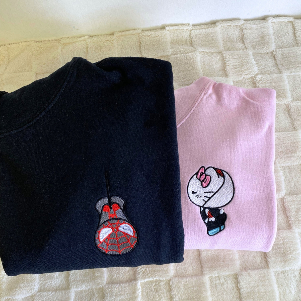 Custom Embroidered Sweatshirts For Couples, Custom Matching Couple Sweatshirt, Spider Kitten Couples Embroidered Crewneck Sweater V1