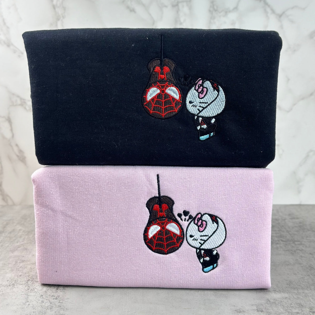 Custom Embroidered Sweatshirts For Couples, Custom Matching Couple Sweatshirt, Spider Kitten Couples Embroidered Crewneck Sweater V2