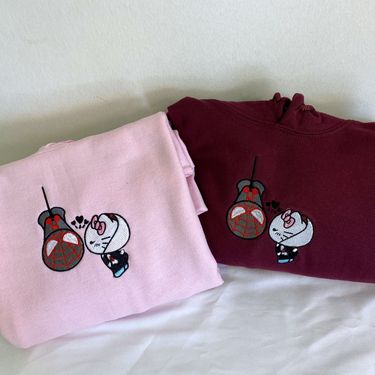 Custom Embroidered Hoodies For Couples, Custom Matching Couple Hoodie, Spider Miles x Kitten Gwen Couples Embroidered Hoodie V2