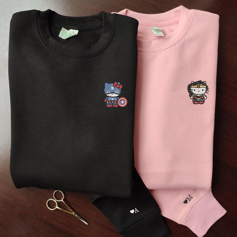 Custom Embroidered Sweatshirts For Couples, Custom Matching Couple Sweatshirt, Superhero Kitten Couples Embroidered Sweater