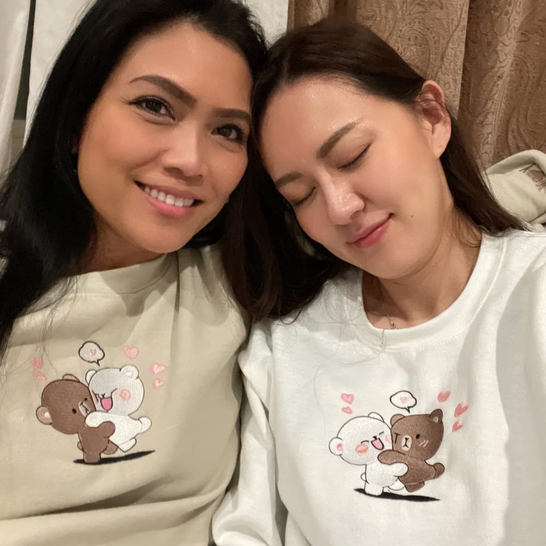 Custom Embroidered Sweatshirts For Couples, Custom Brown and Cream Bears Custom Embroidered Crewneck