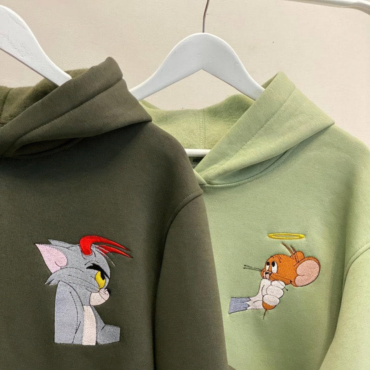 Custom Embroidered Sweatshirts For Couples, Devil Cat x Angel Mouse Matching Embroidered Hoodie