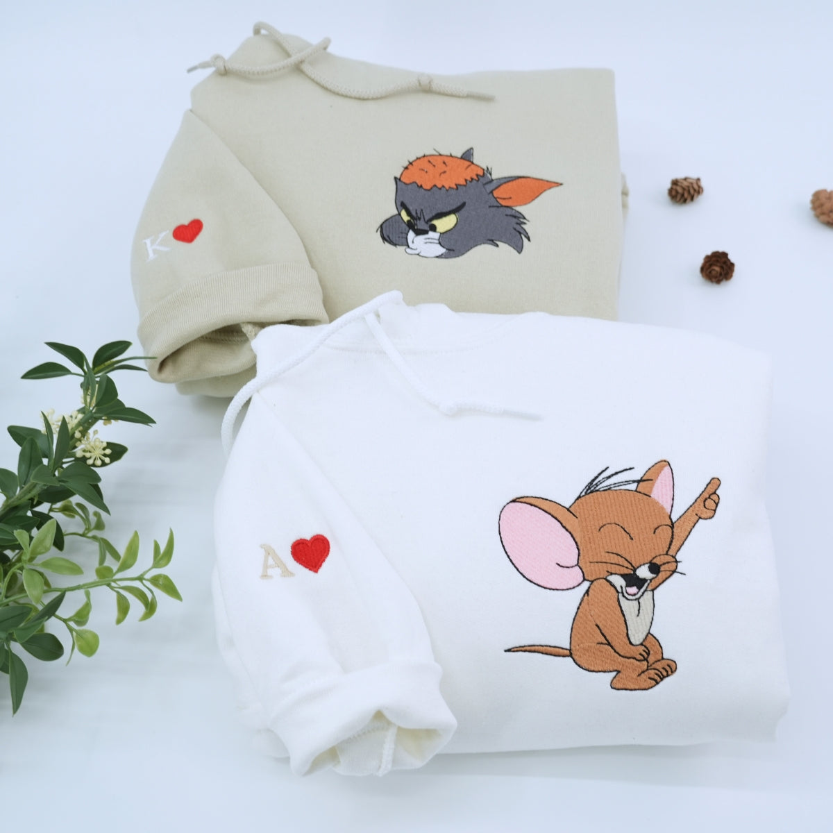 Custom Embroidered Hoodies for Couples, Cute Cartoon Cat and Mouse Matching Couple Hoodie