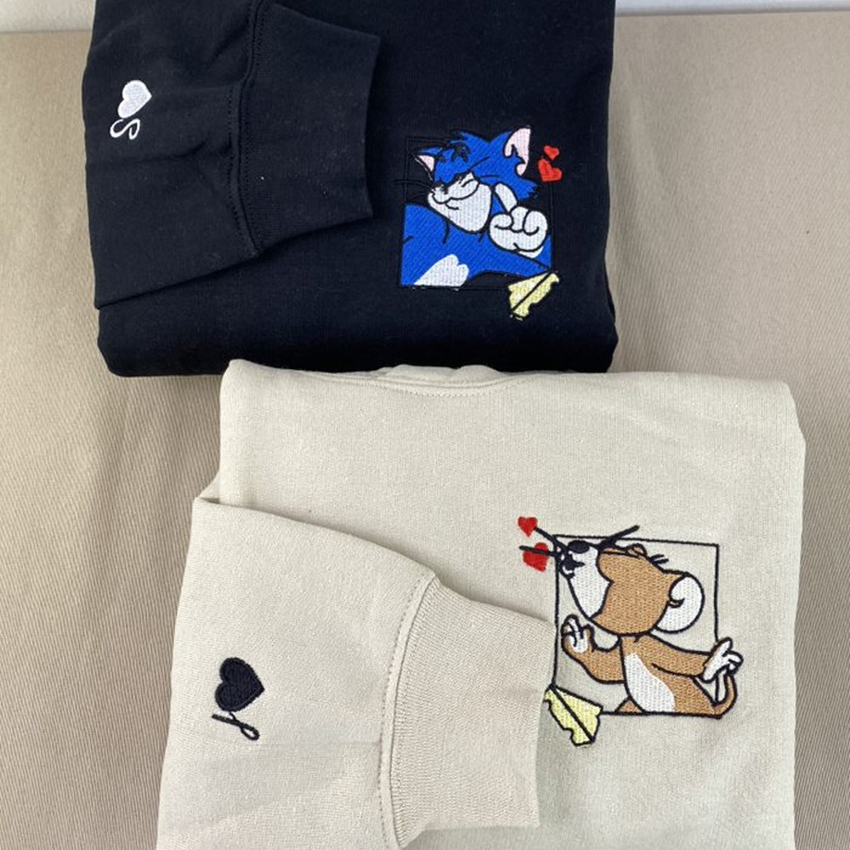 Custom Embroidered Hoodies for Couples, Cute Cartoon Cat and Mouse Matching Couple Hoodie
