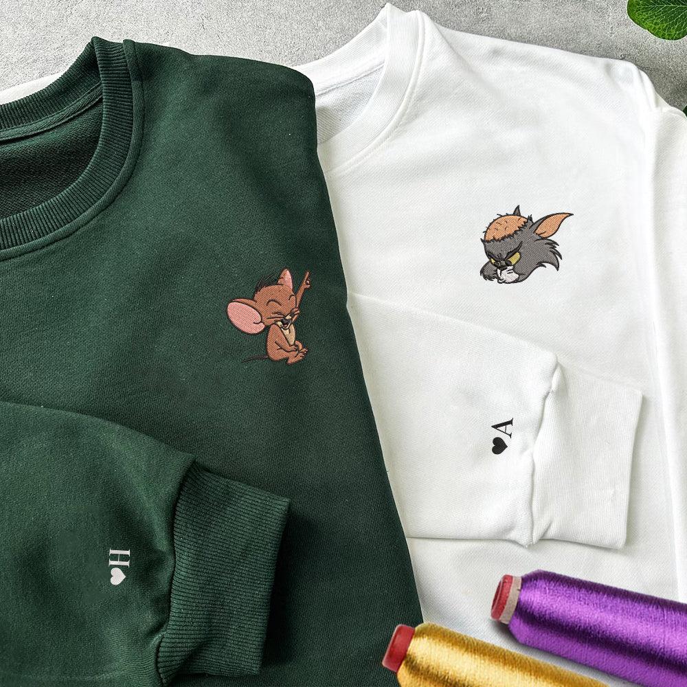 Custom Embroidered Sweatshirts for Couples, Funny Cat and Mouse Matching Sweater, Custom His & Her Outfit