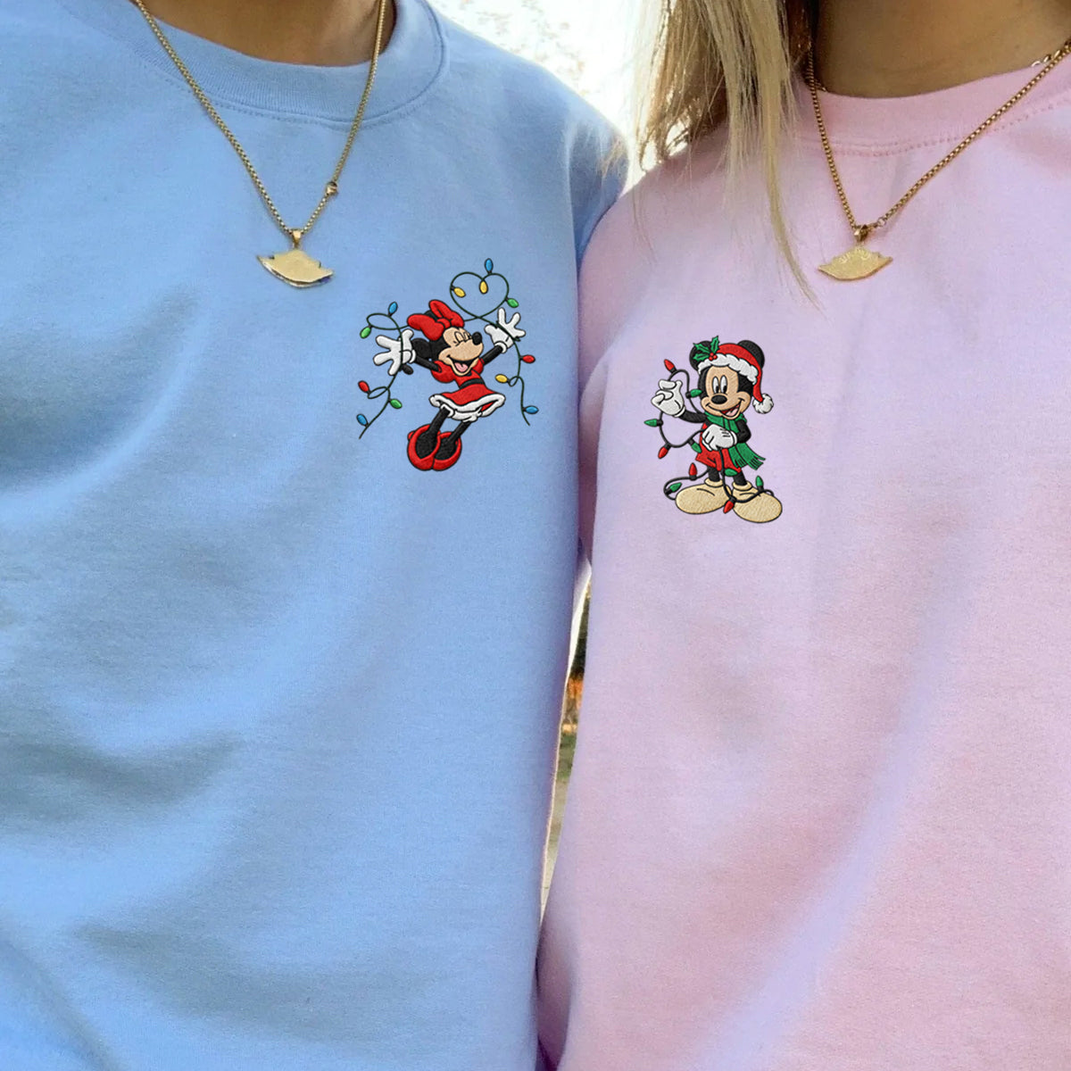 Custom Embroidered Sweet Mouse Couple Holiday Hoodie, Warm Christmas Lights Sweatshirt Matching for Couples