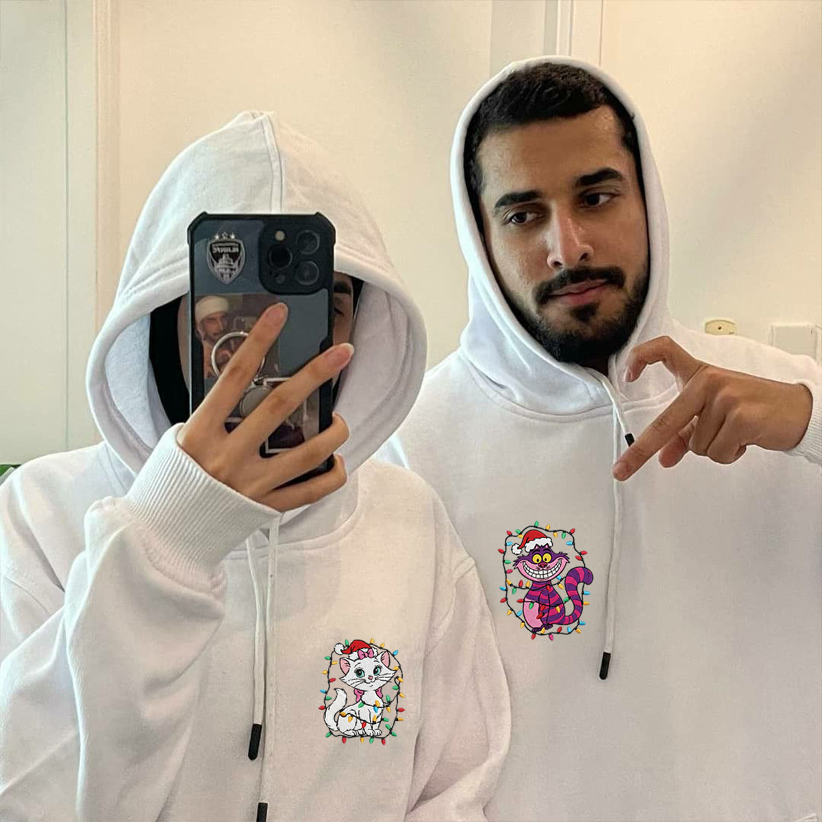 Custom Embroidered Sweet White Cat and Smiling Striped Kitty Christmas Hoodie, Warm Festive Outfit Matching for Couples