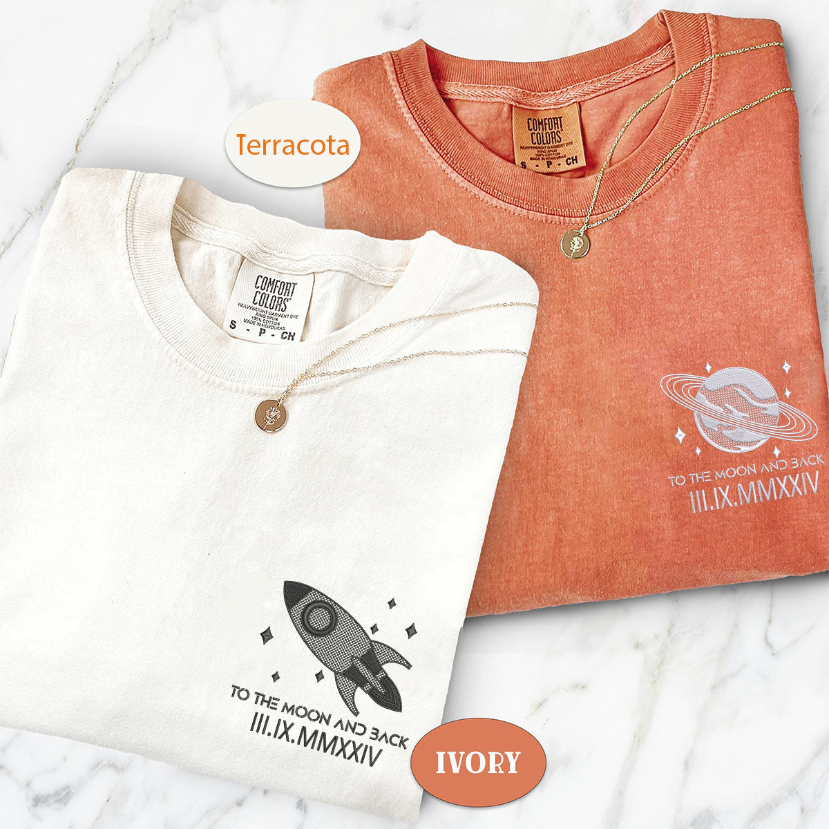 Custom Embroidered The Moon and Back Roman Numeral Matching T-shirts for Couples