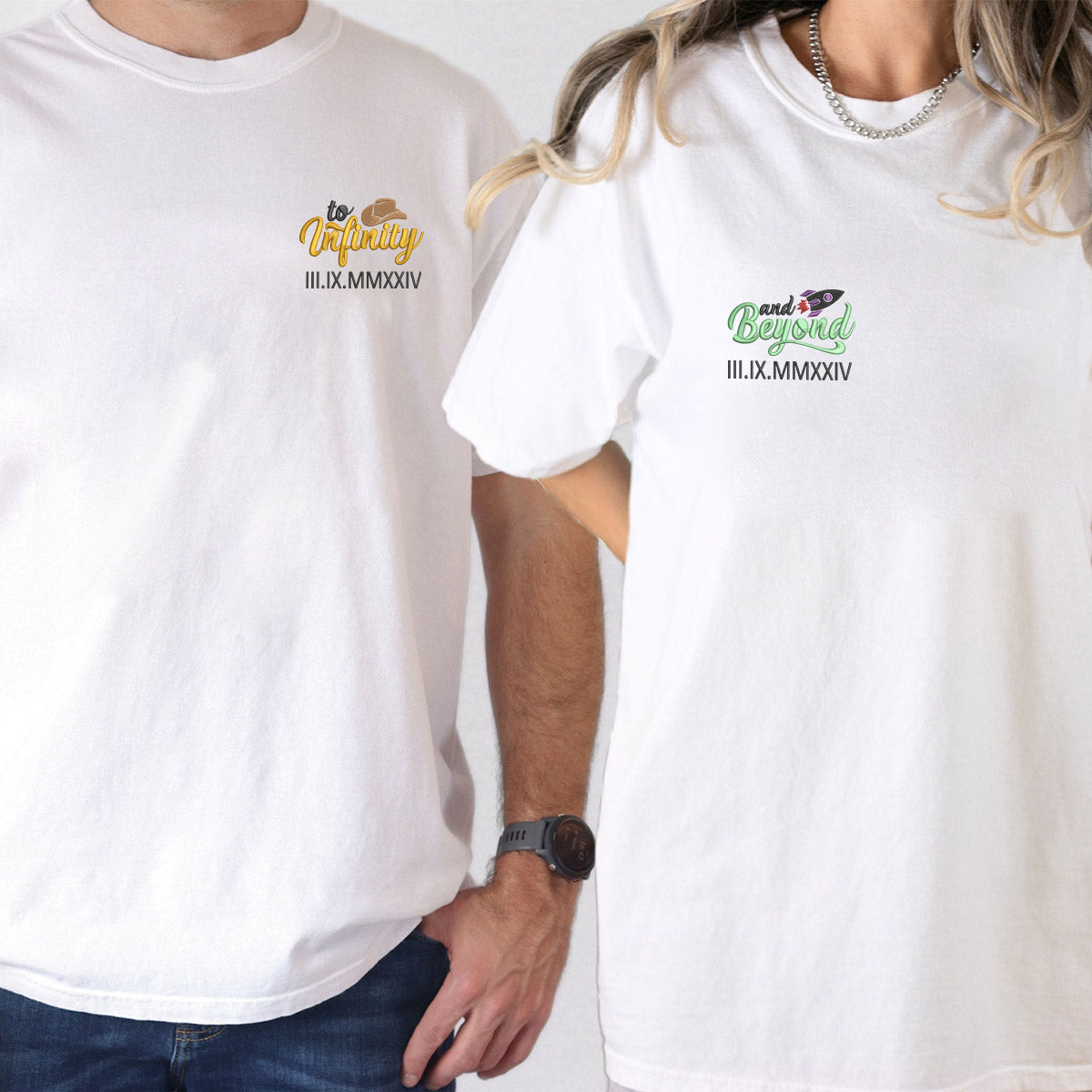 Custom Embroidered To Infinity And Beyond Roman Numeral Matching T-shirts for Couples