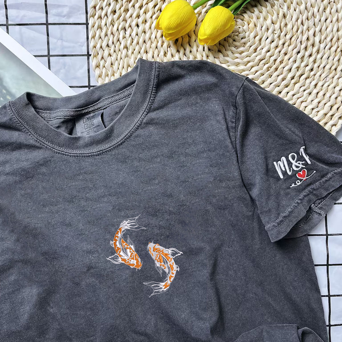 Custom Embroidered Yin &amp; Yang Koi Fish Matching T-shirts for Couples