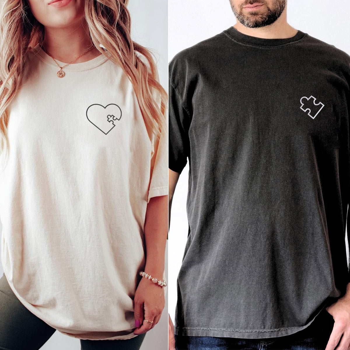 Custom Embroidered You Complete Me Heart Puzzle Matching T-shirts for Couples