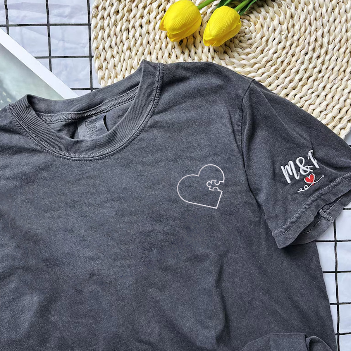 Custom Embroidered You Complete Me Heart Puzzle Matching T-shirts for Couples