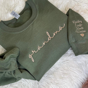 Custom Grandma Embroidered Sweatshirt, Personalized Grandma Embroidered Hoodie, Grandkids names on sleeve